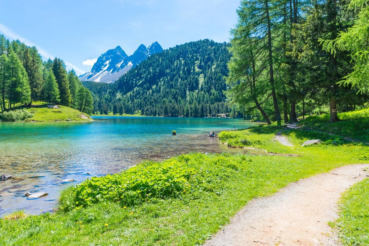 A lake with trees and mountains in the background