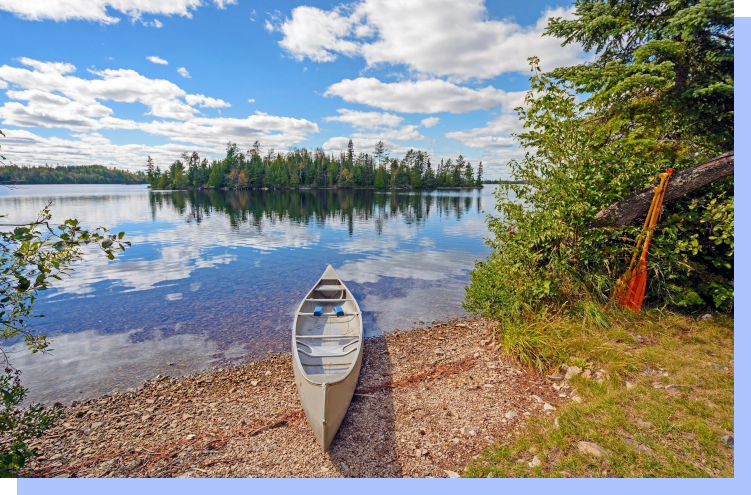 A canoe on the shore of a lake.